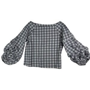 J.O.A. Bubble Sleeve Blouse Boat Neck Checkered Top Navy White Small